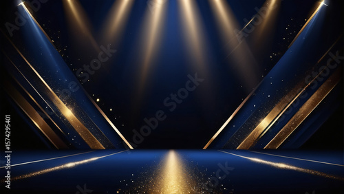 Dark blue stage with golden spotlight lines and glitter texture for award ceremony design. Realistic 3d abstract premium elegant glamour background template for anniversary or winner rewarding.