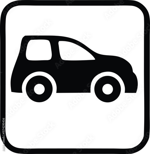 Simple black silhouette of a car displayed within a rounded square border representing transportation and vehicles