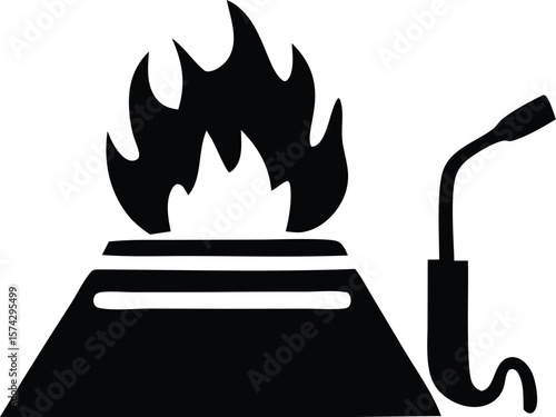 Stylized black and white icon depicting a gas burner with flames and a connected hose representing heat and cooking