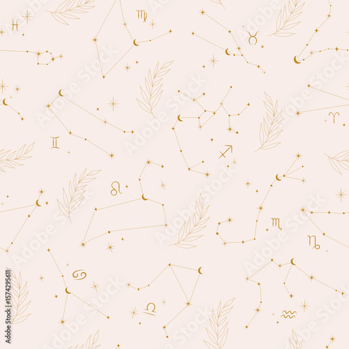 Seamless pattern with astrology zodiac constellations, crescent, stars and floral branch. Vector boho elegant beige background. Surface cover design. Fabric textile print.