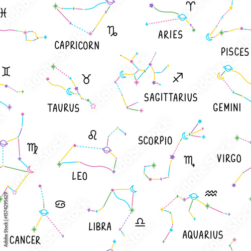 Seamless pattern with colorfull astrology zodiac constellations, moon and stars. Lettering signs. Сartoon tattoo, logo, sticker. Isolated element. Hand drawn felt-tip pen illustration.