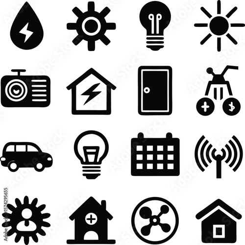 A collection of black and white vector icons representing various concepts including energy technology transportation and healthcare services