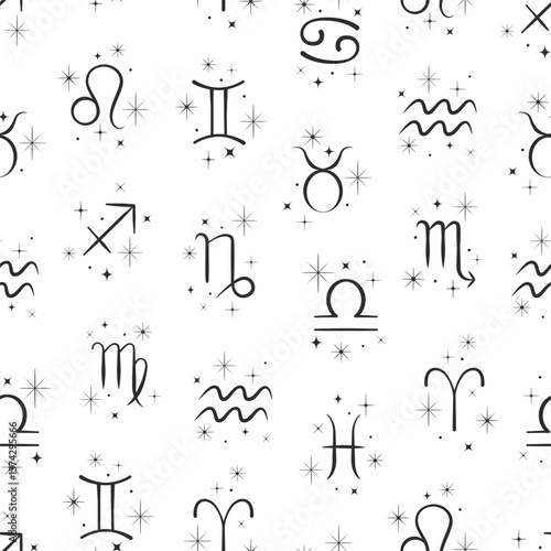 Seamless pattern with astrology zodiac sings with sparkles, stars. Vector elegant background. Surface cover design. Fabric textile print.