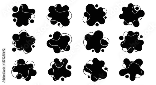 Abstract Blob Collection: A collection of twelve unique black blobs, each artfully shaped with fluid lines and playful curves, offering a modern design element.