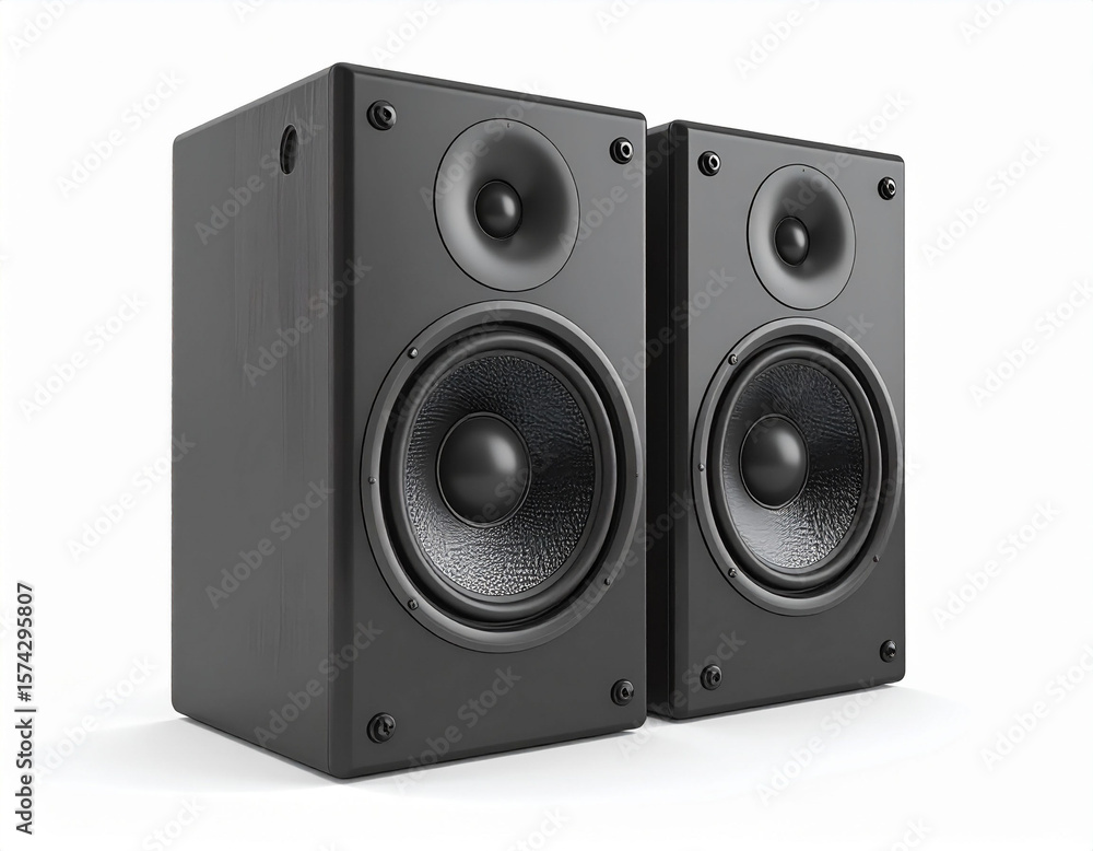 Fototapeta premium two squared speaker boxes are the main subject, set against a plain backdrop. each speaker box features a large, dark circular element at the center, along with a smaller circular element above it