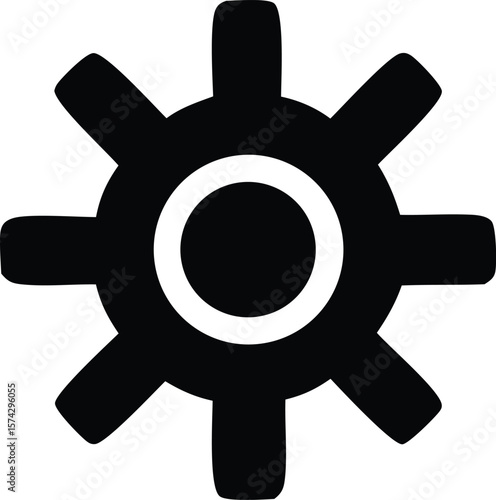 A stark black silhouette of a stylized gear or cogwheel with eight rounded spokes and a central white ring surrounding a solid black circle