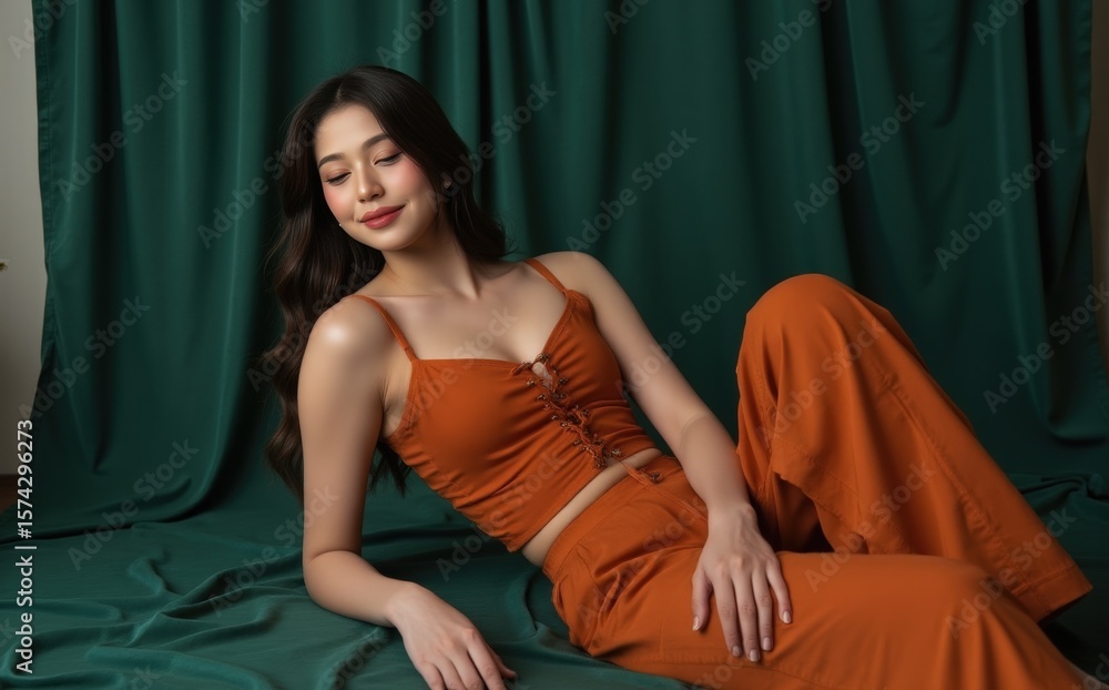 Chic woman in orange bralette and satin pants smiles gently while posing against vibrant green fabric, hand on hip
Chic woman in orange bralette and satin pants smiles gently while posing against vibrant green fabric, hand on hip