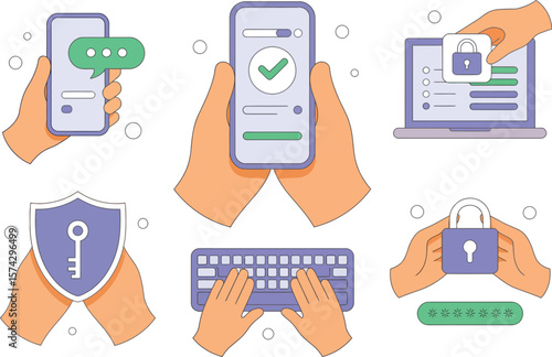Illustrations depicting mobile security, laptop security, and data encryption with hands holding devices


