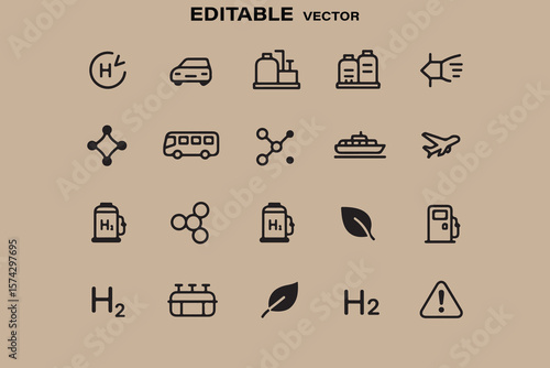 Collection of editable vector icons representing hydrogen energy applications and infrastructure for clean transportation and industry