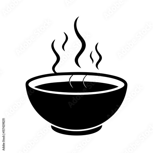 Hot soup steaming in a black bowl on a white background  