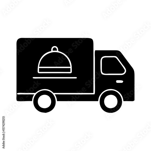 Delivery truck icon with food service bell on side  