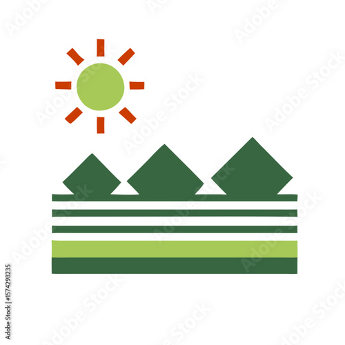 Geometric landscape icon with mountains, sun, and green stripes  