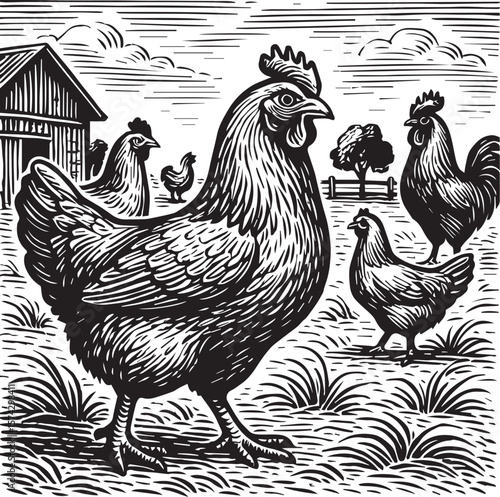 chickens in a farm vector illustration