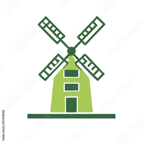 Simple green windmill icon with blades and a house structure  