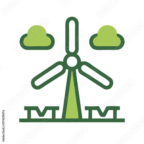 Wind turbine icon with clouds and green color scheme  