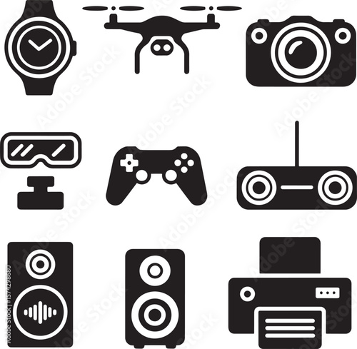 Smartwatch drone camera virtual reality headset game controller remote speakers printer vector