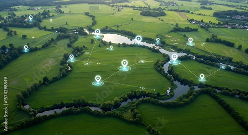 Aerial view of a green agricultural landscape with digital network connections and location pins