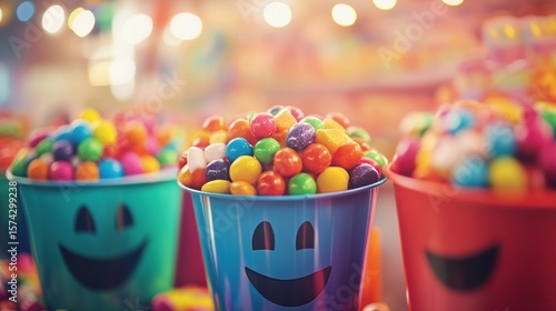 Colorful candy buckets at carnival, smiling faces, bokeh lights
