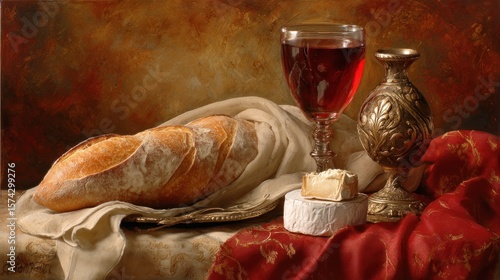 Still life of bread, wine, and cheese