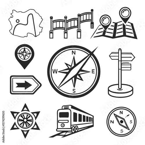 Map pin compass direction sign train starburst location pin signpost