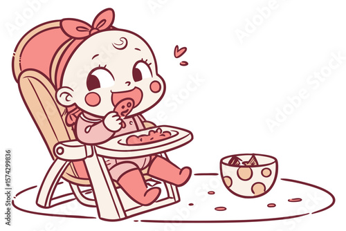 Vector cute Baby Girl cartoon character sitting in a high chair with a messy face after eating isolated on white background