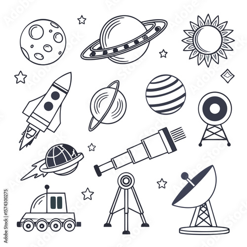 Space exploration objects and celestial bodies rocket planet