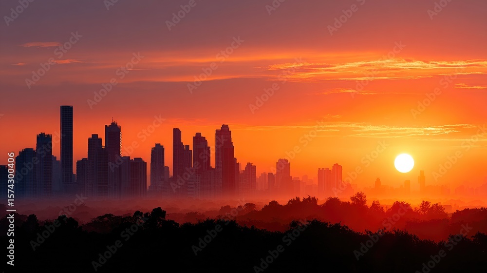 Naklejka premium City Skyline at Fiery Sunset