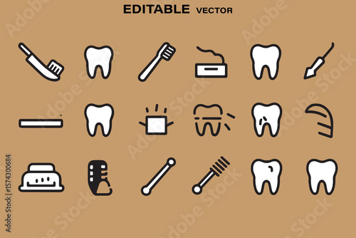 Collection of dental care icons including toothbrushes floss and teeth representing oral hygiene and dentistry services