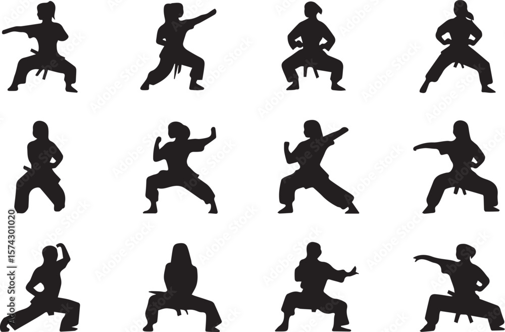 Naklejka premium Exercising Female martial silhouette different types of set on a white background