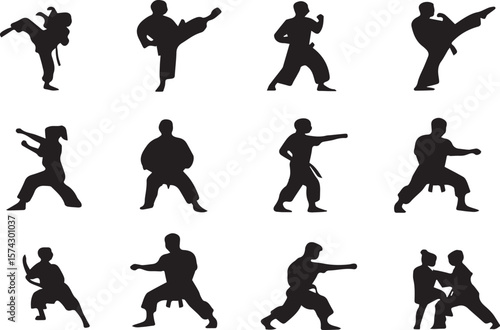 Exercising karate silhouette different types of set on a white background
