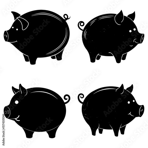 Four black silhouette pigs with curly tails and smiling faces arranged on a white background image art