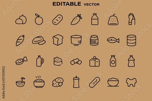 Collection of simple outline food and drink icons on a brown background editable vector