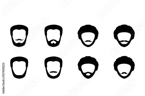 Minimalist Men's Facial Hair and Hairstyles Vector Set – Line Art Icons of Mustache, Undercut, Afro, and More

