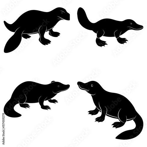 Four silhouette illustrations depicting otters and platypuses in various poses and orientations