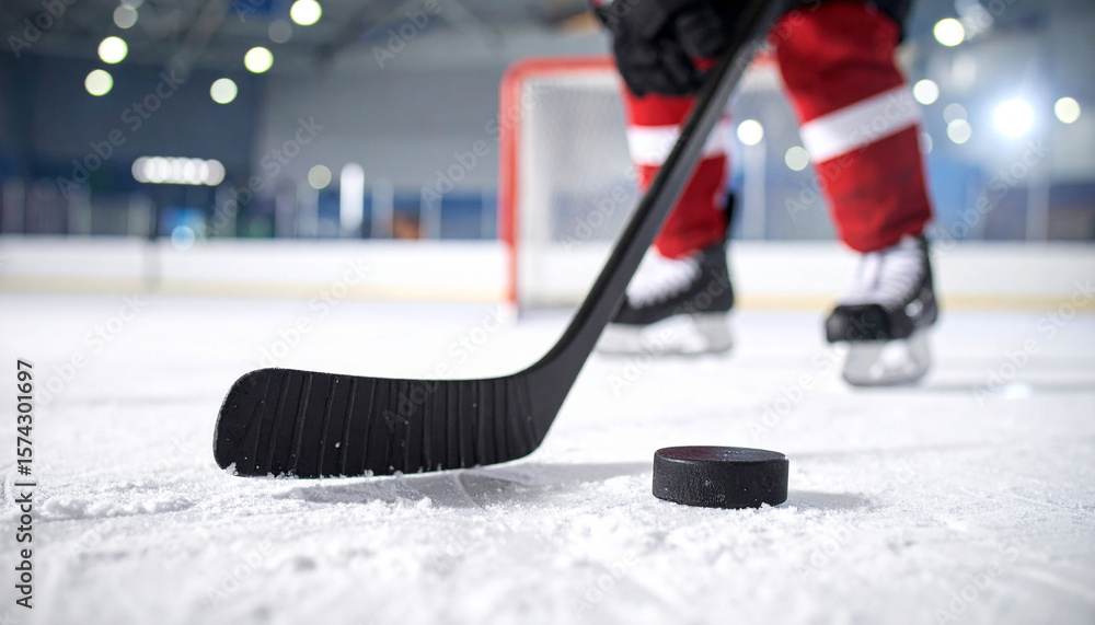 Fototapeta premium ice hockey stick and puck on focus in ice stadium 