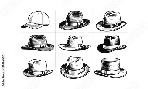 A detailed hand-drawn vector illustration of various types of hat designs, baseball cap, sun hat, fedora, bowler hat, cowboy hat, and top hat, easily editable.