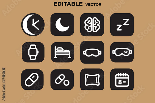 Collection of editable vector icons representing sleep health and wellness elements on a neutral background