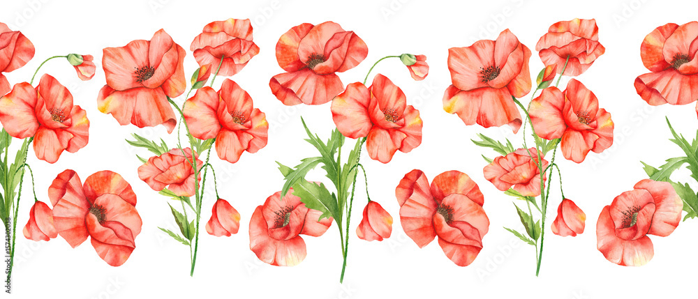 Obraz premium Seamless Poppy Garland with Flowers and Leaves. Botanical Seamless Horizontal Background. Poppy Watercolor Illustration. Red Poppy Flower Design. Poppies garland seamless. Poppy Border Frame