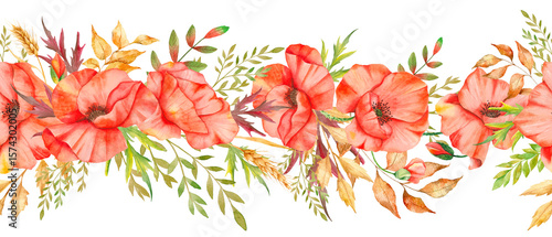 Seamless Poppy Garland with Flowers and Leaves. Botanical Seamless Horizontal  Background. Poppy Watercolor Illustration. Red Poppy Flower Design. Poppies garland seamless. Poppy Border Frame