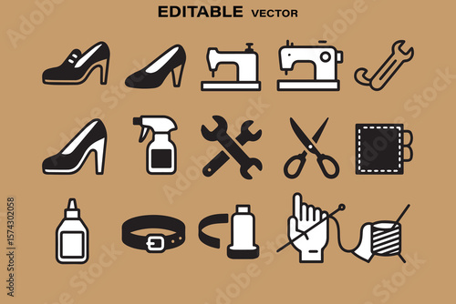 Collection of editable vector icons representing fashion sewing and repair tools on a beige background