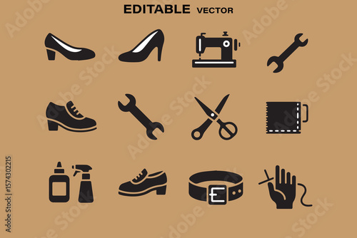 Collection of black shoe and cobbler repair icons on a brown background editable vector