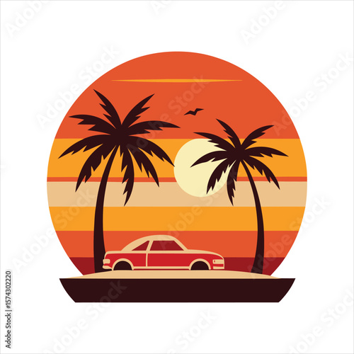  Palm Tree and Car Silhouette at Sunset Vector Art