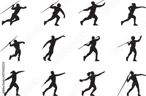 Javelin thrower athlete silhouette different types of set on a white background.