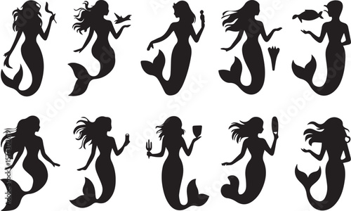 A set of different types of black Mermaid silhouette on a white background.
