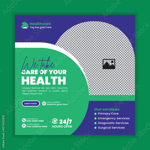 Medical and healthcare services social media post banner design, Clinic and doctor appointment Facebook and Instagram post template