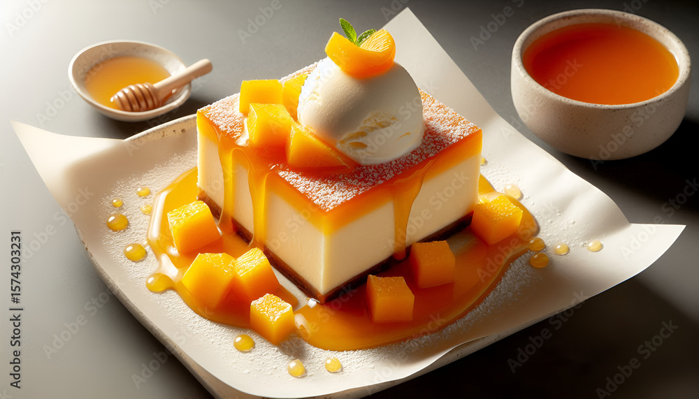 Fototapeta premium A fresh and delicious orange cheesecake with aesthetic appeal. You can use this asset for branding and product design needs.