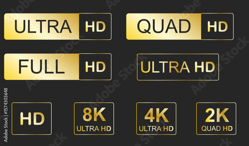 Video resolutions full ultra quad HD, video quality badge icon. Video resolution set.