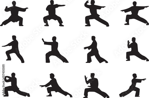 A set of different types of black Taichi silhouette on a white background.