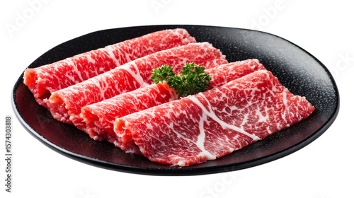 Rare sliced Wagyu beef on black plate, shabu shabu style, isolated on transparent 