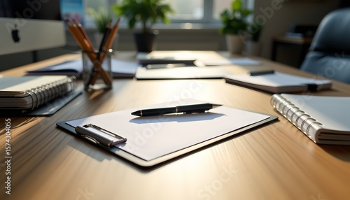a modern, neatly organized office desk scene captured in a shallow depth of field, viewed from a low angle perspective